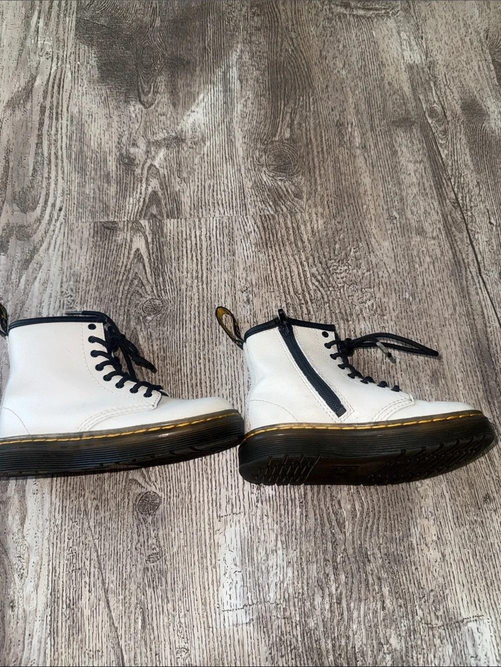 Dr. Martens White Boots with Black Trim and Yellow Stitching